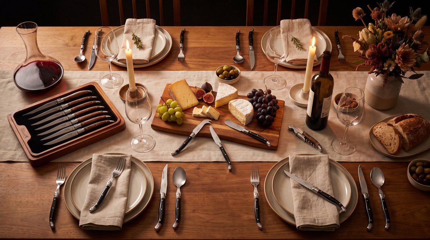 Gedekte tafel met steakmessen, kaasplank en wijn bij kaarslicht